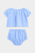 Blue puff set top and bloomers set on a white background