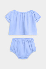 Blue puff set top and bloomers set on a white background