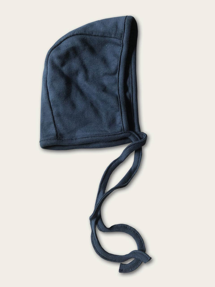 Navy blue baby bonnet with tie strings