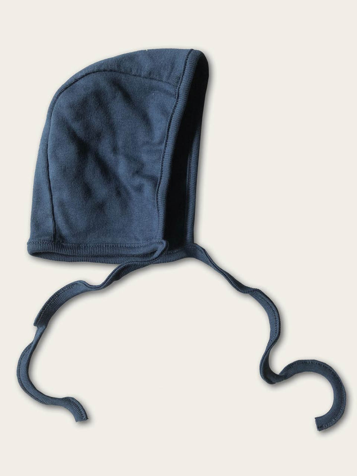 Navy blue baby bonnet with tie strings