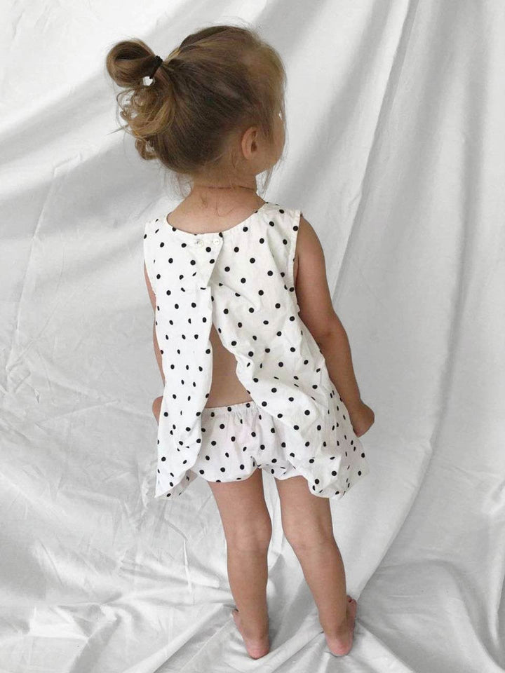 Polka Dot dress with open back and bloomers modelled back