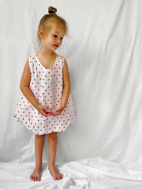 Red Polka Dot dress with open back and bloomers modelled