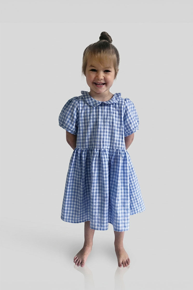 Young girl wearing a Gingham blue dress on a white background