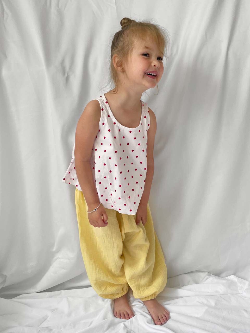 Happy pants in lemon modelled