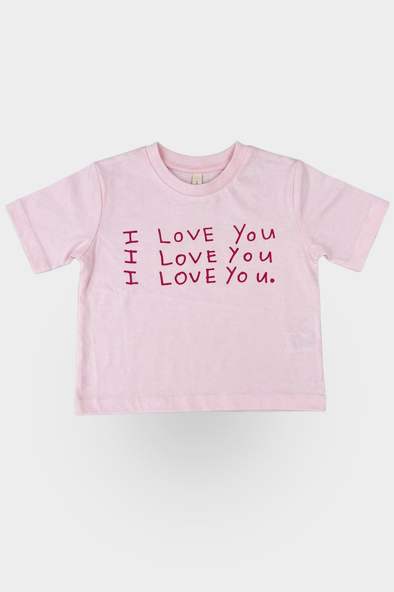 Pink t-shirt with 'I LOVE YOU' text on a grey background