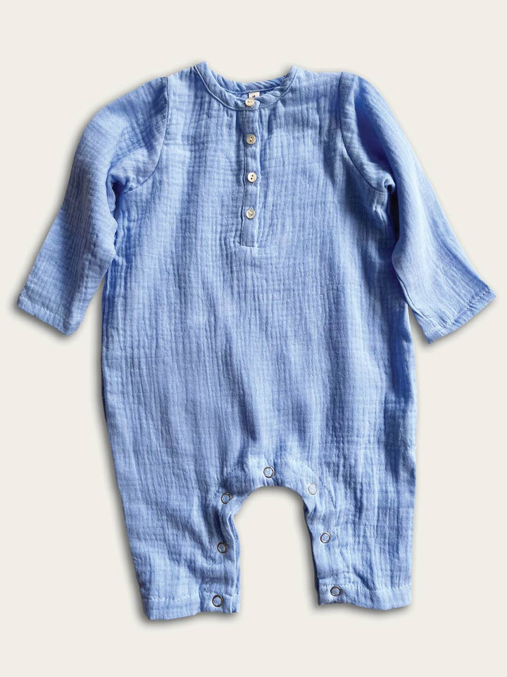 Blue baby jumpsuit with long sleeves front