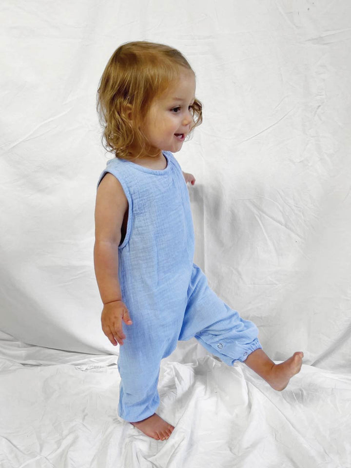 Blue baby jumpsuit sleeveless modelled side view