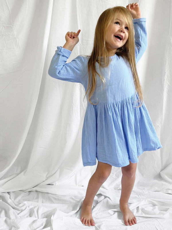 Blue long sleeve dress modelled