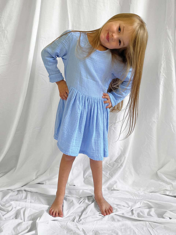 Blue long sleeve dress modelled