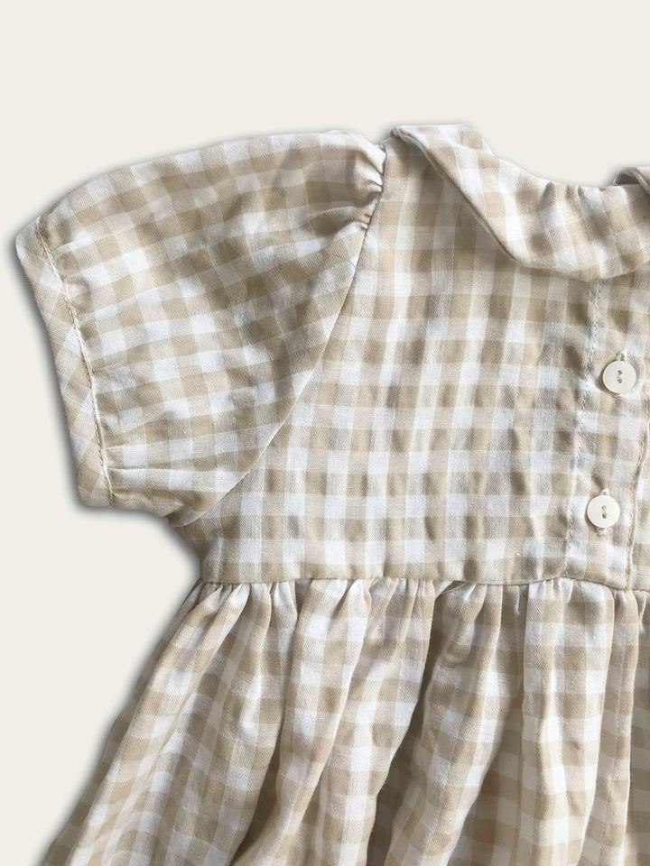 Caramel gingham dress back button up