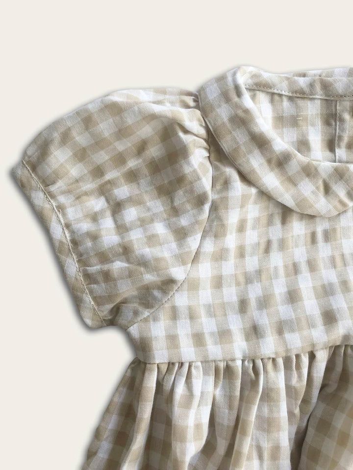 Caramel gingham dress sleeve and neckline