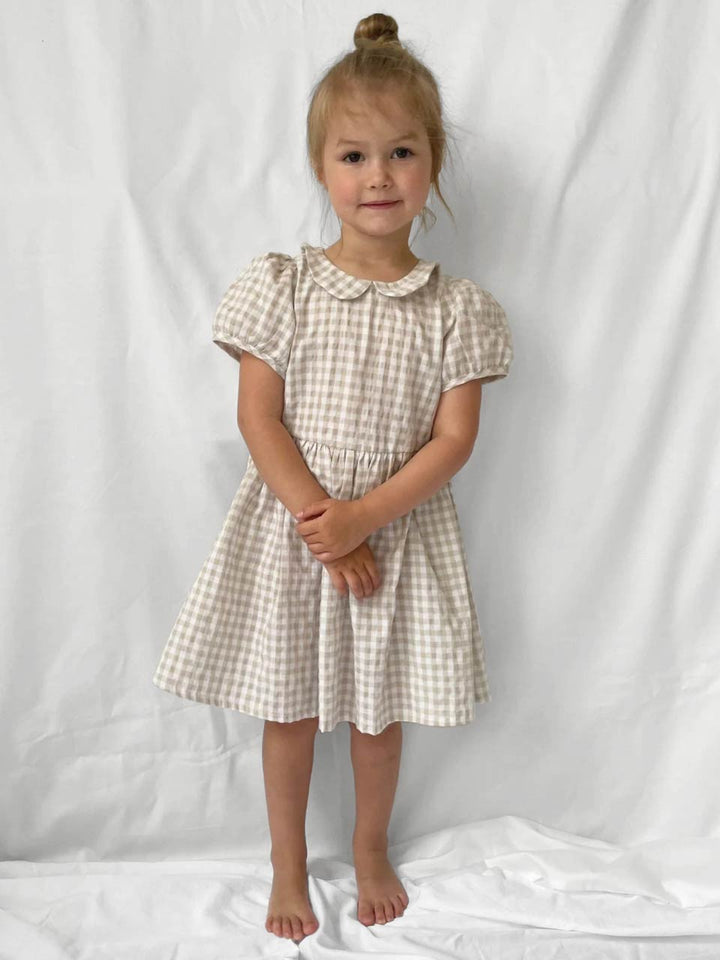 Caramel gingham dress modelled