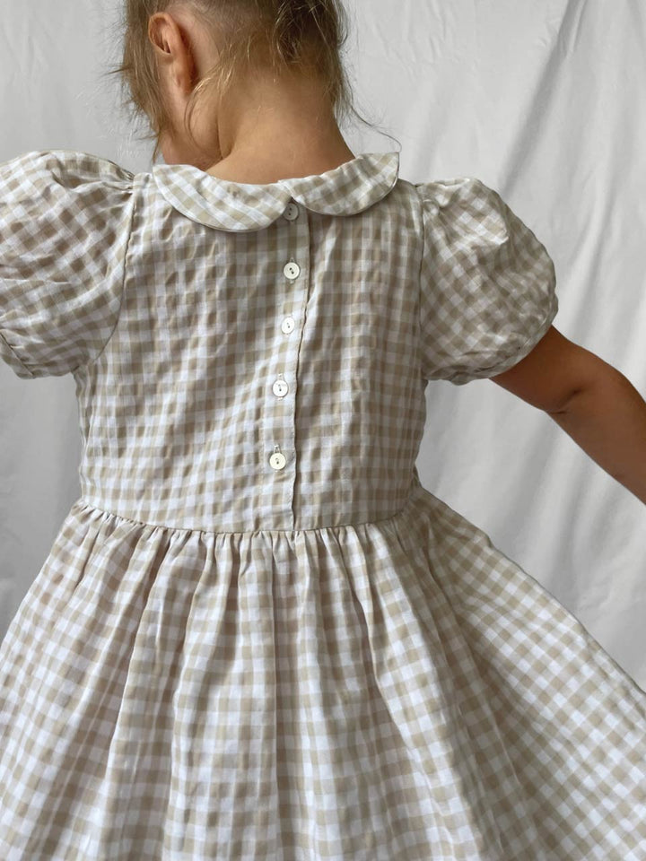 Caramel gingham dress modelled back