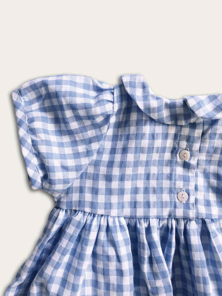 Blue gingham dress back button up