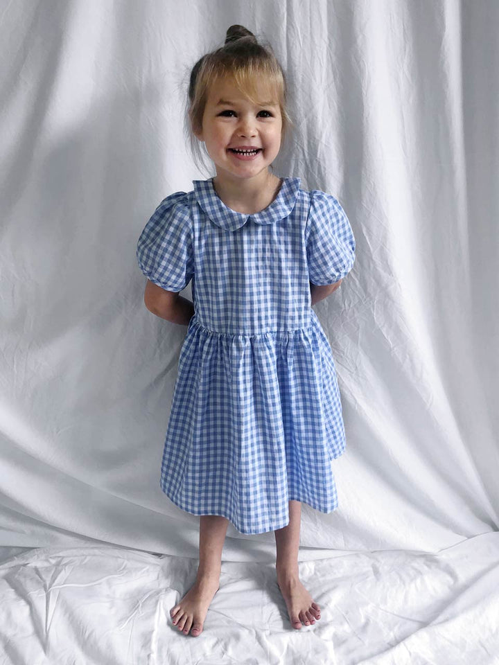 Blue gingham dress modelled