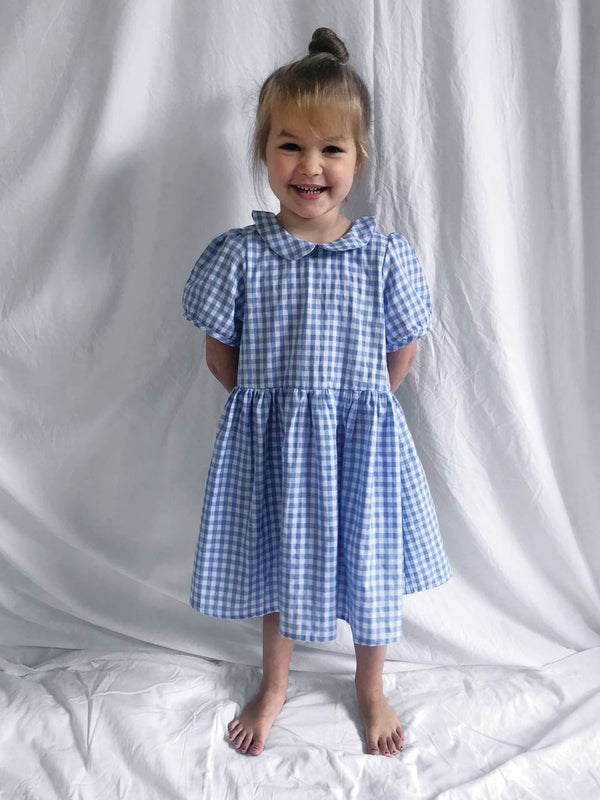 Blue gingham dress modelled