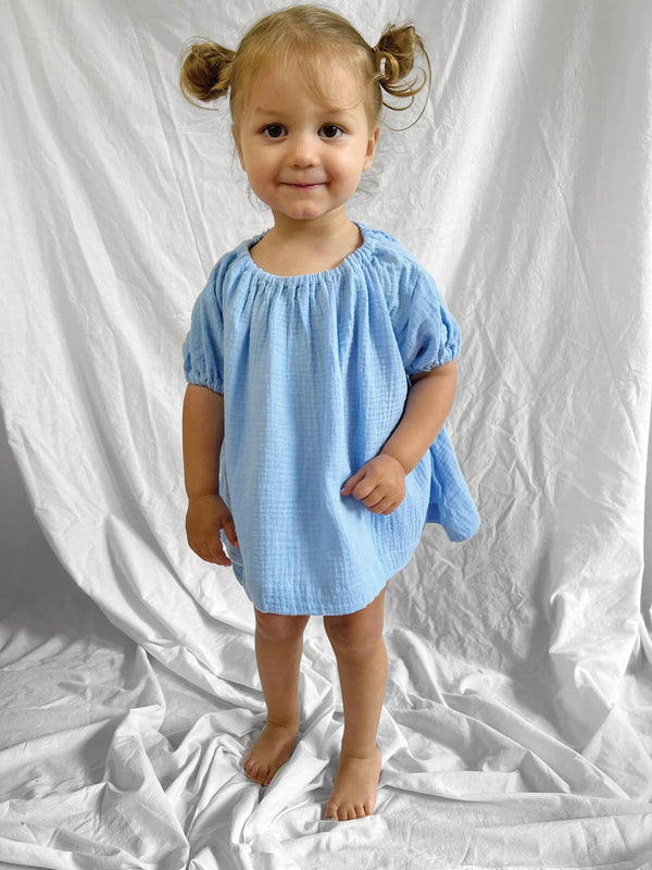 Blue short sleeve top and bloomers modelled