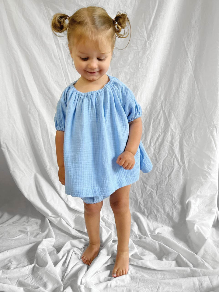 Blue short sleeve top and bloomers modelled