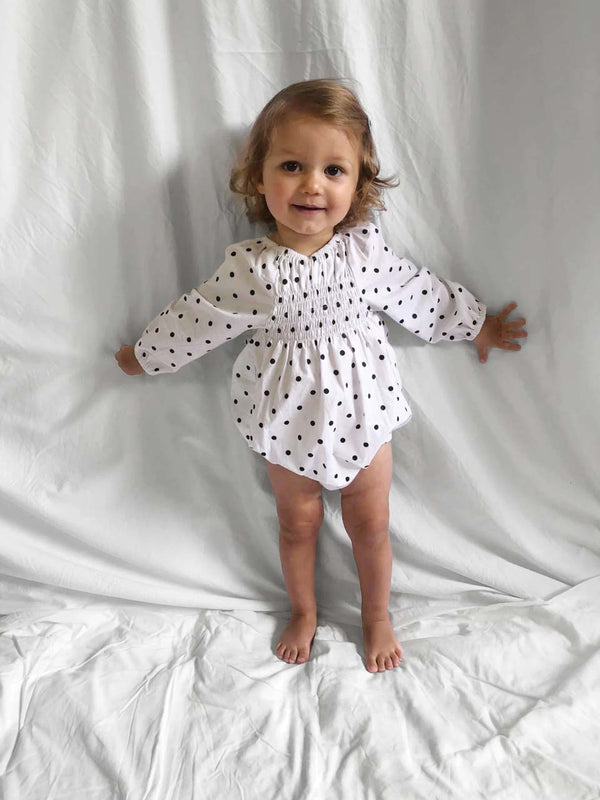 Long Sleeve Smocked Romper - Polka Dot